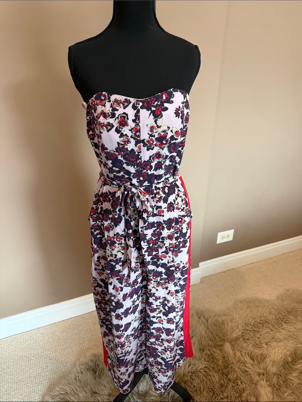 Whistles White Strapless Floral Midi Dress with Red Panels
